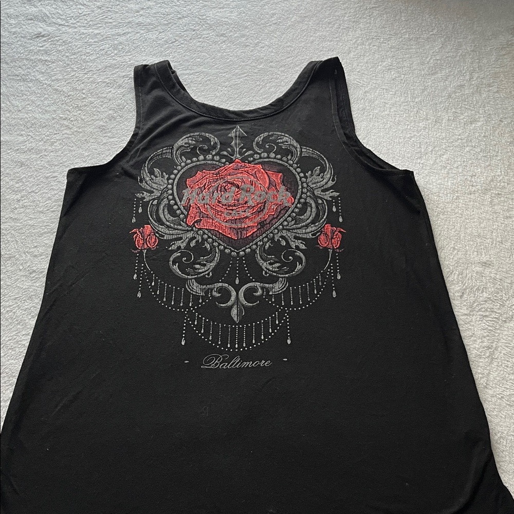 Hard Rock Cafe Black Tank Top with Red Rose Design
